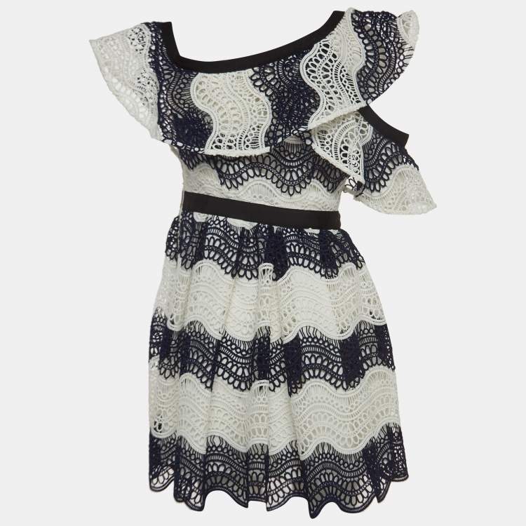 Pre Owned Self-Portrait Navy Blue/White Guipure Lace Short Dress M
