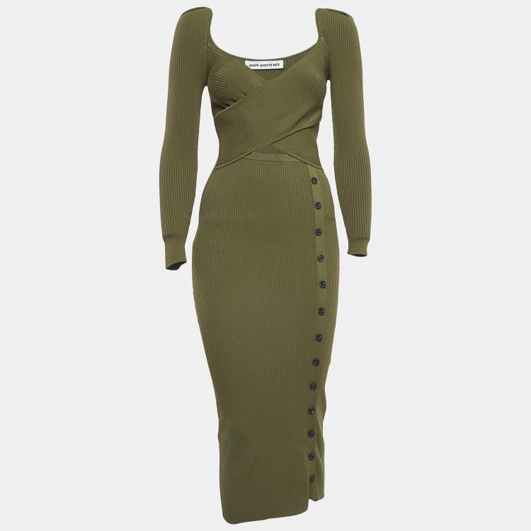 Pre Owned Self-Portrait Green Rib Knit Cutout Midi Dress XS