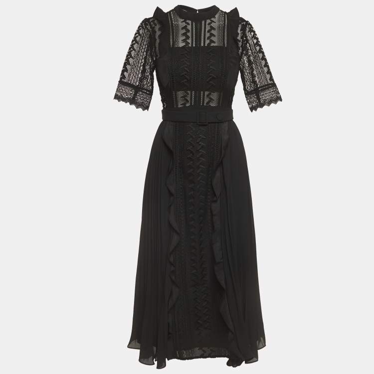 Self-Portrait Black Geometric Pattern Lace Pleated Midi Dress S Self ...