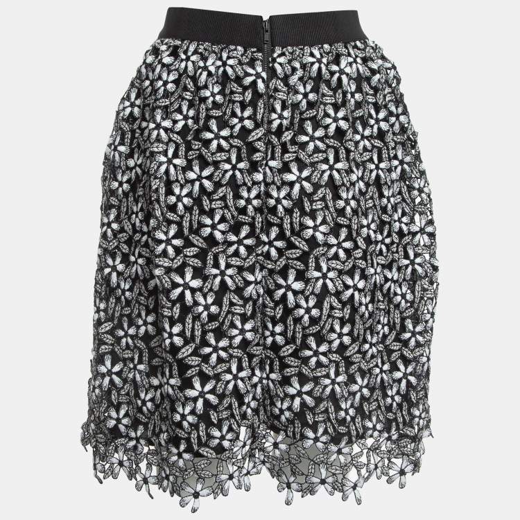 Pre Owned Self-Portrait Black/White Floral Cut-out Lace Short Skirt S