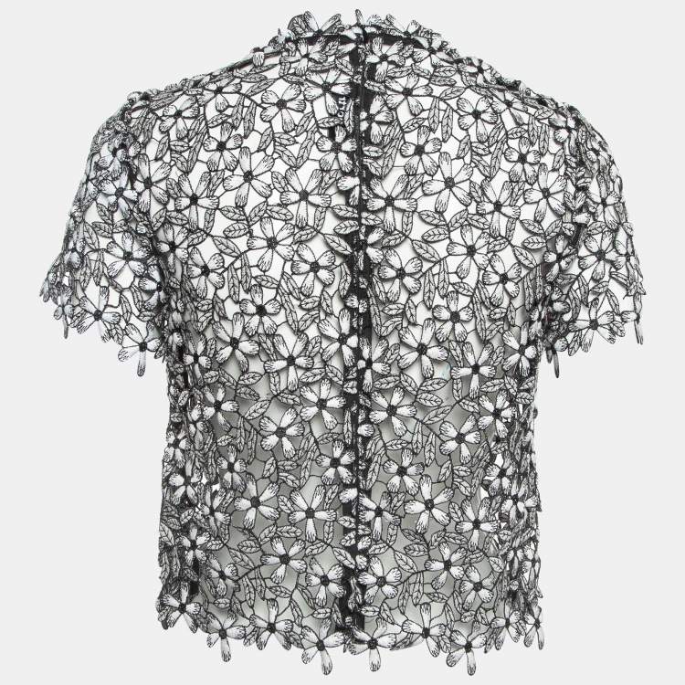 Pre Owned Self Portrait Black/White Floral Cut-out Lace Top M