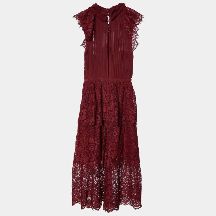 Pre Owned Self-Portrait Maroon Cord Lace Tiered Midi Dress S
