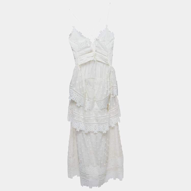 Pre Owned Self-Portrait White Ivy Lace Trim Cotton Shoulder Strap Tiered Maxi Dress M