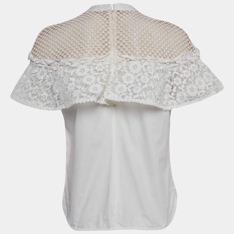 Pre Owned Self Portrait White Guipure Lace Detachable Yoke and Cotton Hudson Top M