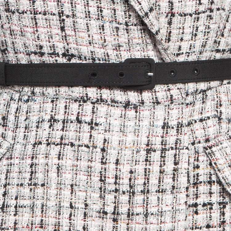 Pre Owned Self-Portrait Pink/Black Lace Trim Tweed Blazer Style Belted Midi Dress S