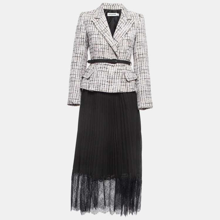 Pre Owned Self-Portrait Pink/Black Lace Trim Tweed Blazer Style Belted Midi Dress S