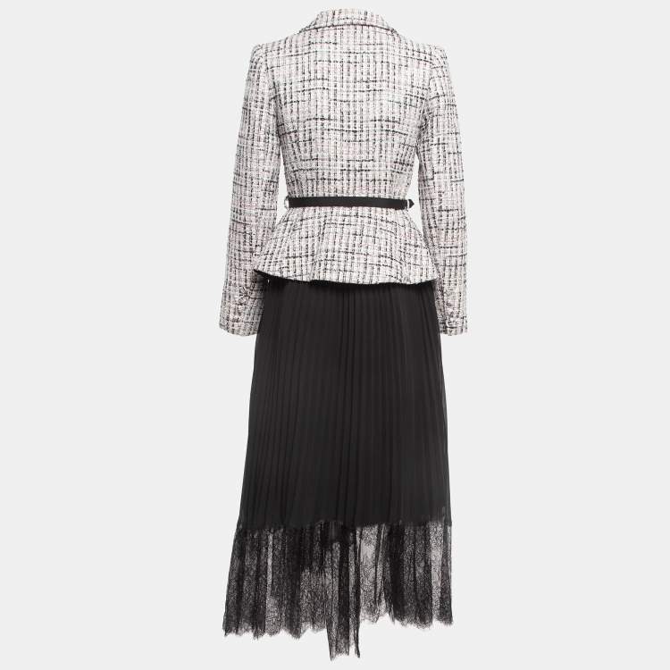 Pre Owned Self-Portrait Pink/Black Lace Trim Tweed Blazer Style Belted Midi Dress S