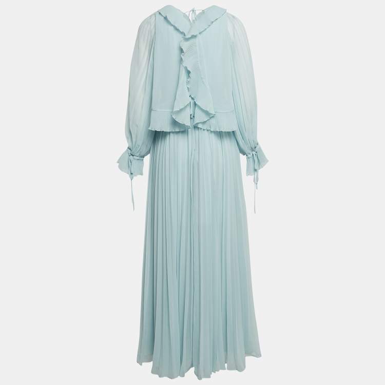 Pre Owned Self-Portrait Light Blue Pleated Chiffon Ruffled Maxi Dress M