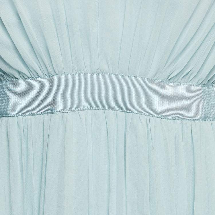 Pre Owned Self-Portrait Light Blue Pleated Chiffon Ruffled Maxi Dress M