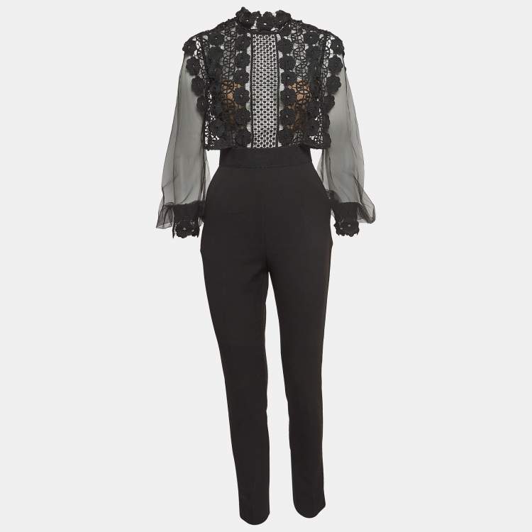 Pre Owned Self-Portrait Black Guipure Lace and Mesh Semi Sheer Jumpsuit M