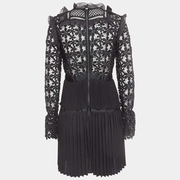 Self-Portrait Black Guipure Lace & Organza Trim Pleated Adeline Dress M Self -Portrait | TLC