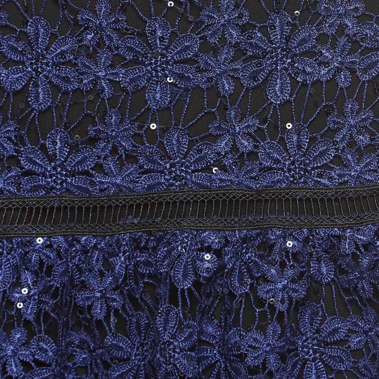 Pre Owned Self-Portrait Blue Floral Guipure Lace Sequin Embellished Tiered Skirt S