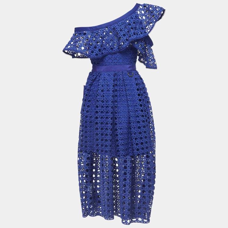 Pre Owned Self-Portrait Blue Guipure Lace One Shoulder Frill Midi Dress S