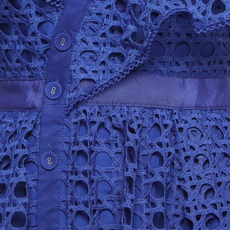 Pre Owned Self-Portrait Blue Guipure Lace One Shoulder Frill Midi Dress S