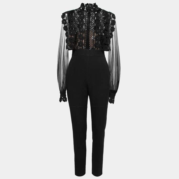 Pre Owned Self-Portrait Black Lace and Crepe Semi Sheer Jumpsuit M