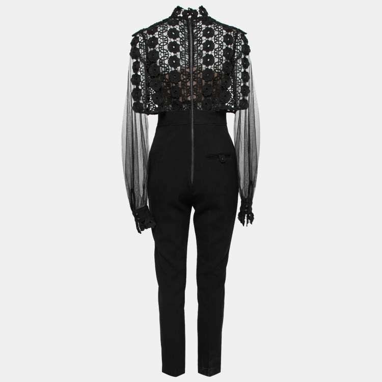Pre Owned Self-Portrait Black Lace and Crepe Semi Sheer Jumpsuit M