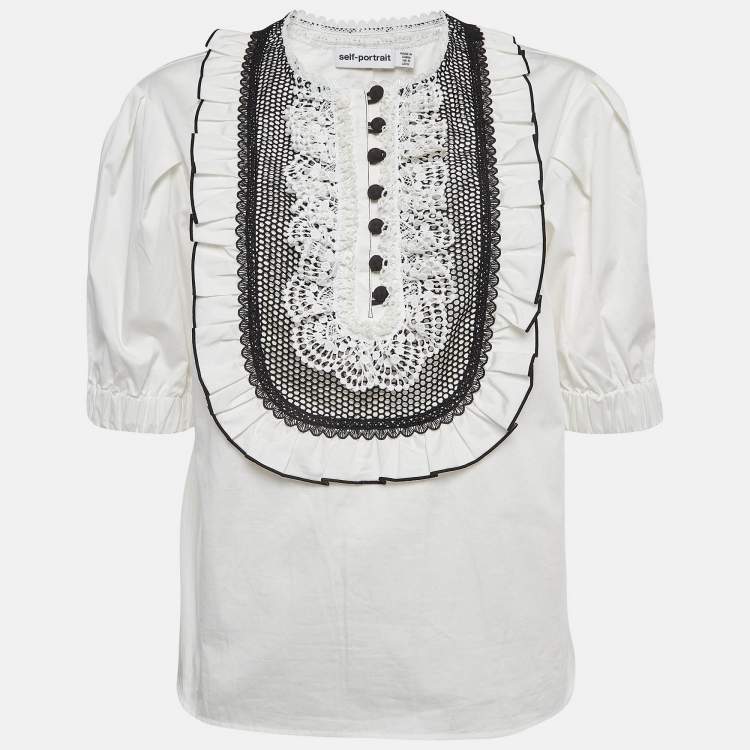Pre Owned Self-Portrait White Cotton Lace Bib Top M