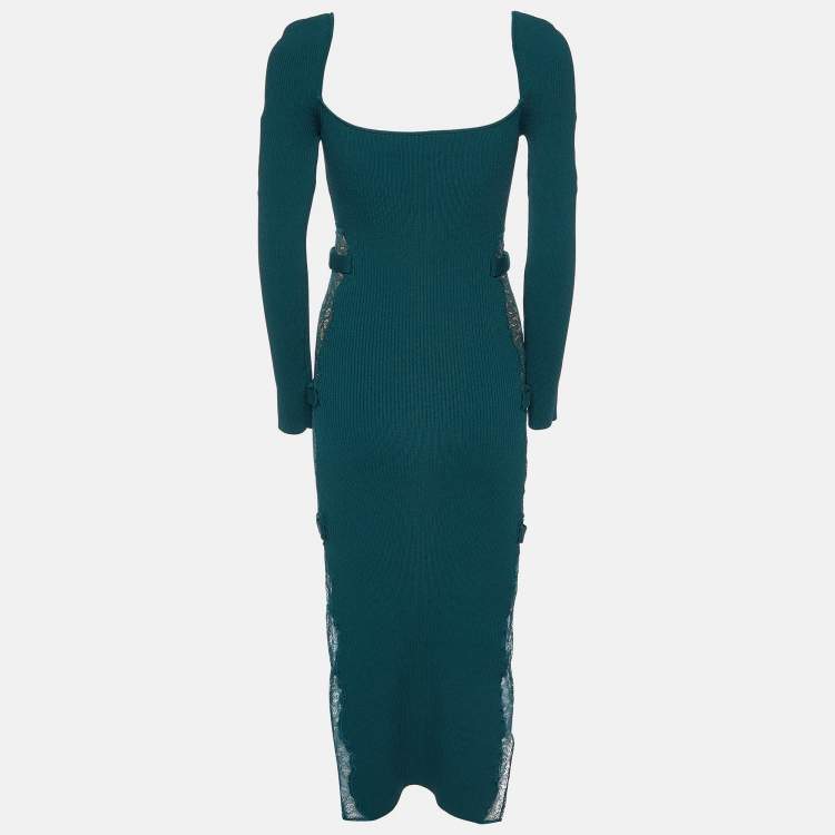 Pre Owned Self-Portrait Green Knit Lace Paneled Midi Dress S