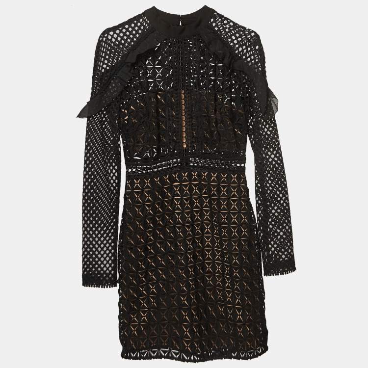Pre Owned Self-Portrait Black Geometric Pattern Lace Ruffled Mini Dress S