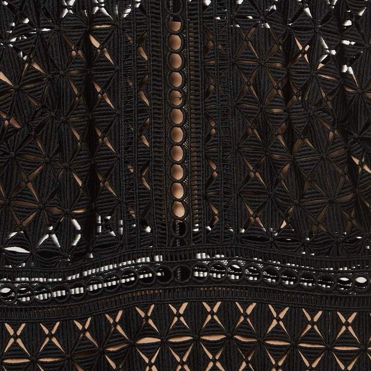 Pre Owned Self-Portrait Black Geometric Pattern Lace Ruffled Mini Dress S