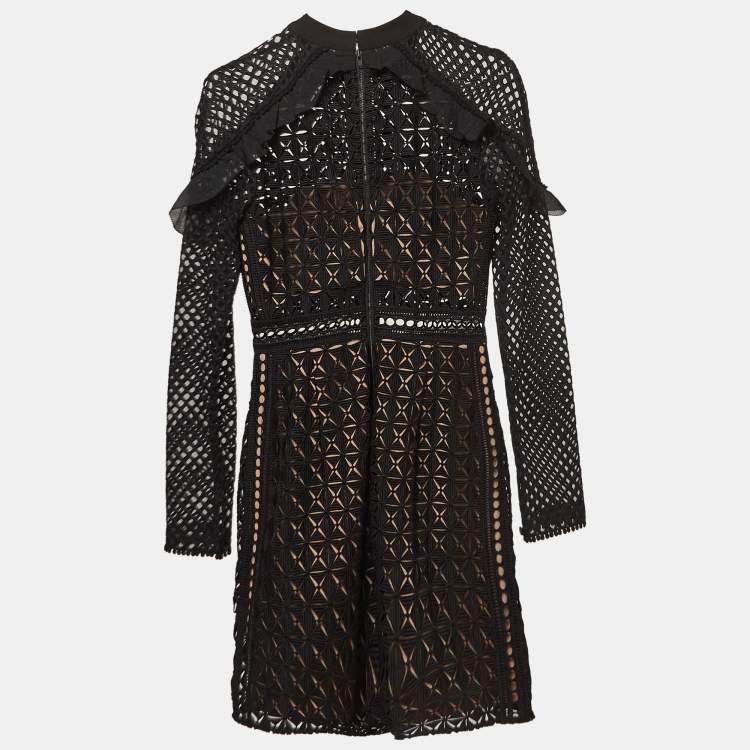 Pre Owned Self-Portrait Black Geometric Pattern Lace Ruffled Mini Dress S