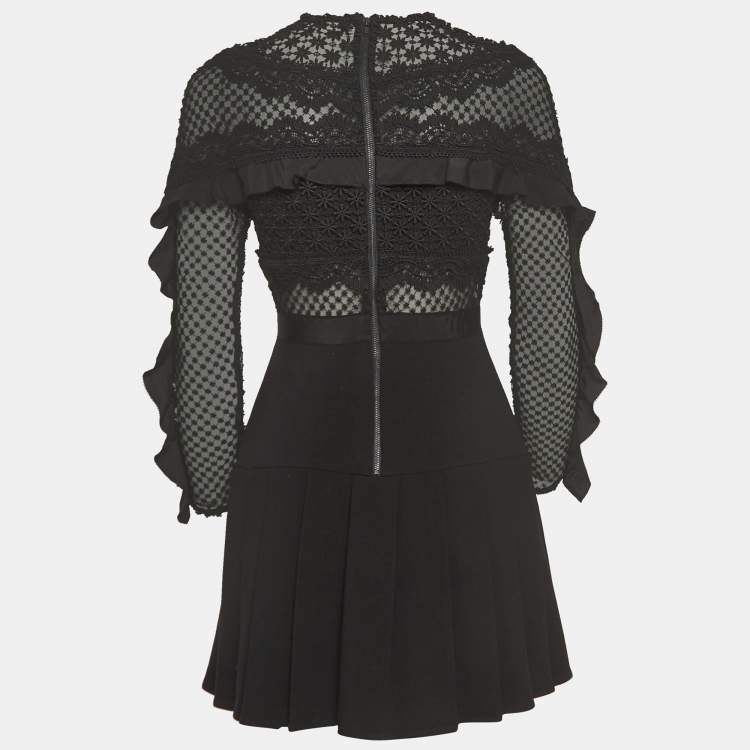 Pre Owned Self-Portrait Black Bellis Lace and Crepe Ruffled Mini Dress S