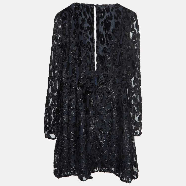 مملوكة مسبقًا Self-Portrait Black Leopard Velvet Trim Crepe Wrap Style Mini Dress S