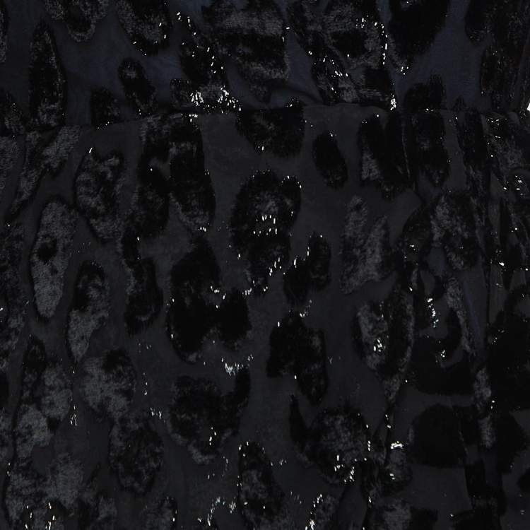 مملوكة مسبقًا Self-Portrait Black Leopard Velvet Trim Crepe Wrap Style Mini Dress S
