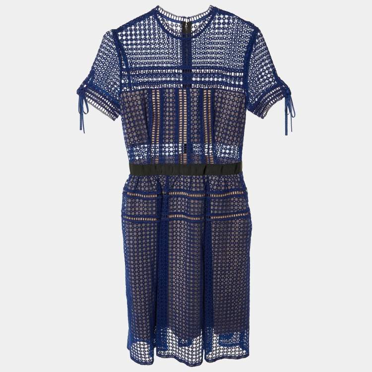 مملوكة مسبقًا Self-Portrait Royal Blue Lace & Tulle Knee Length Dress S