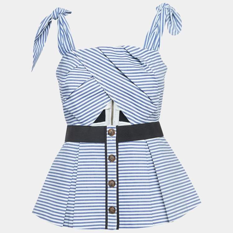 Pre Owned Self-Portrait Blue & White Cotton Stripe Shirting Tie Detail Top M