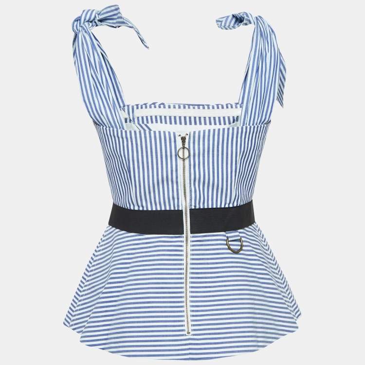 Pre Owned Self-Portrait Blue & White Cotton Stripe Shirting Tie Detail Top M