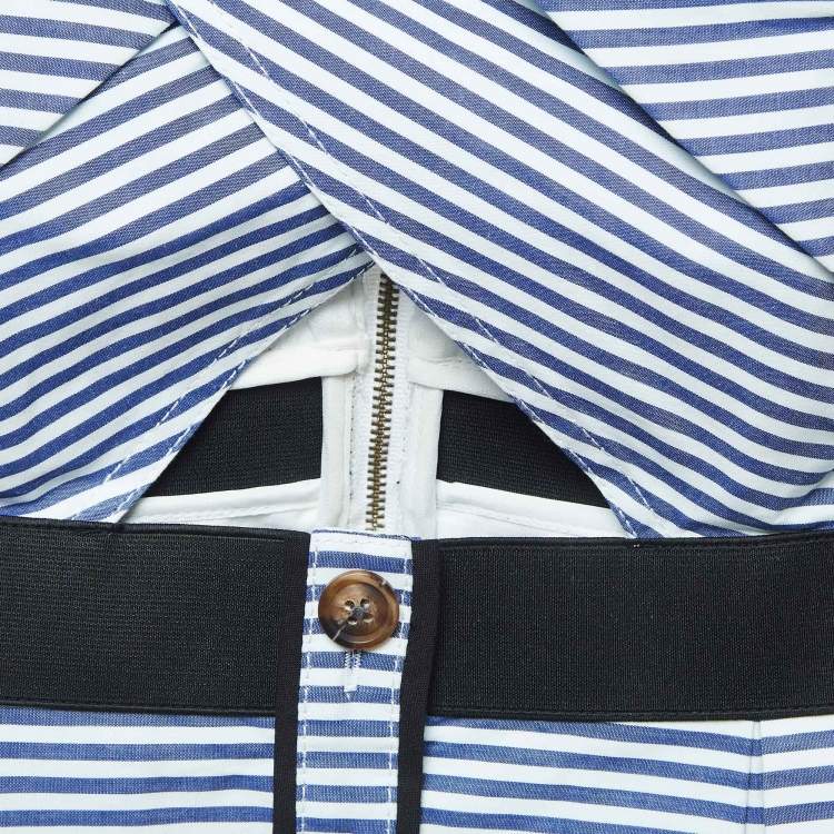 Pre Owned Self-Portrait Blue & White Cotton Stripe Shirting Tie Detail Top M