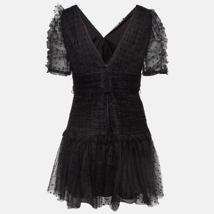 Pre Owned Self-Portrait Black Flocked Tulle Crystal Embellished Tiered Mini Dress M