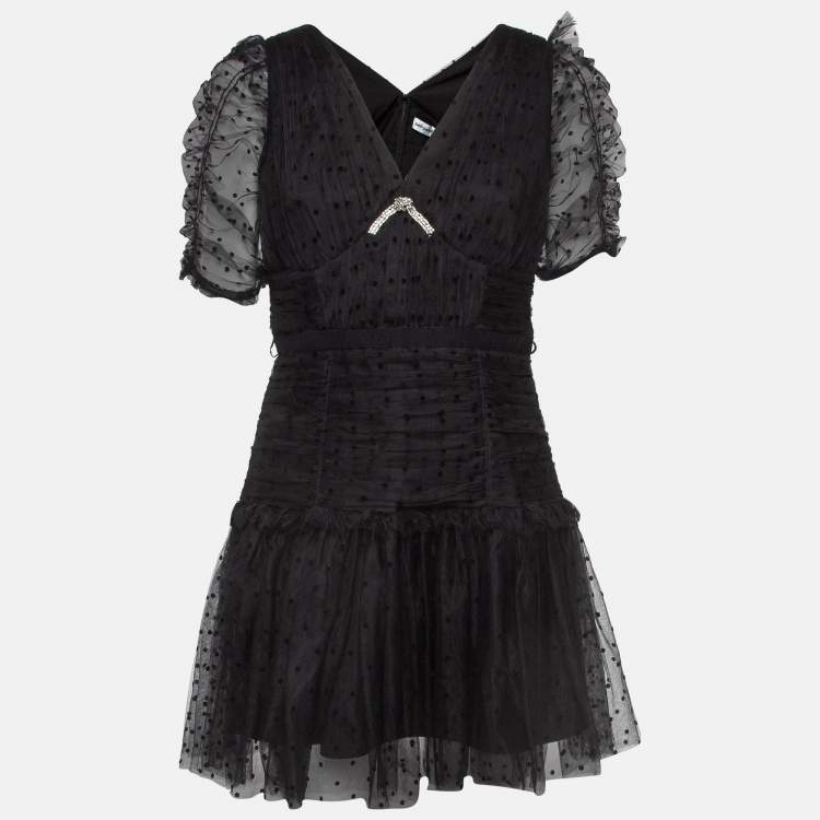 Pre Owned Self-Portrait Black Flocked Tulle Crystal Embellished Tiered Mini Dress M