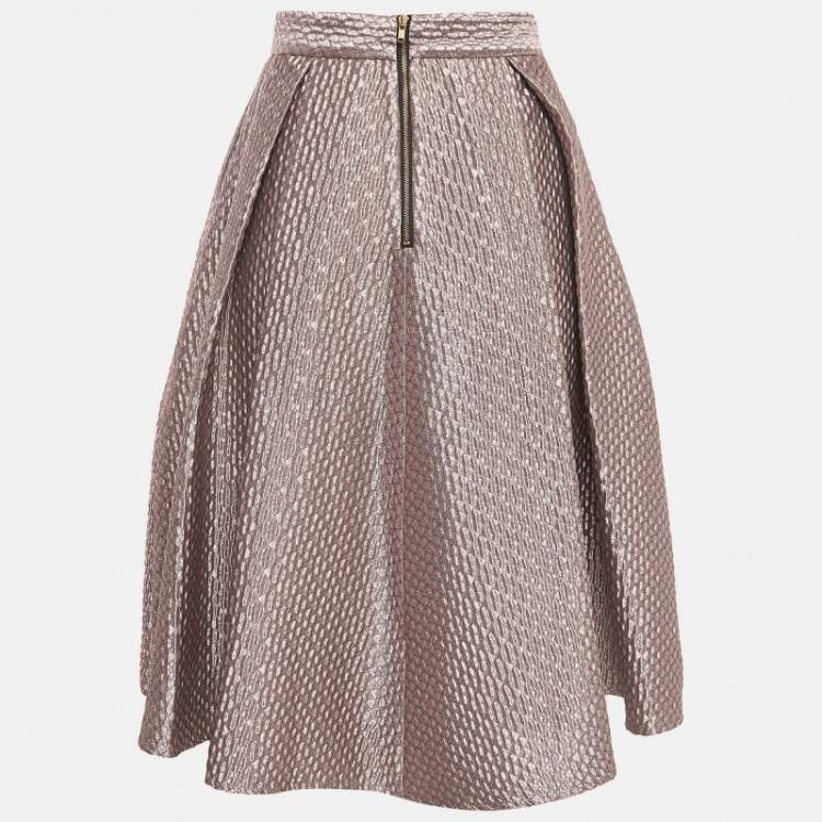 Pre Owned Self-Portrait Pink Textured Lame Pleated Midi Skirt S