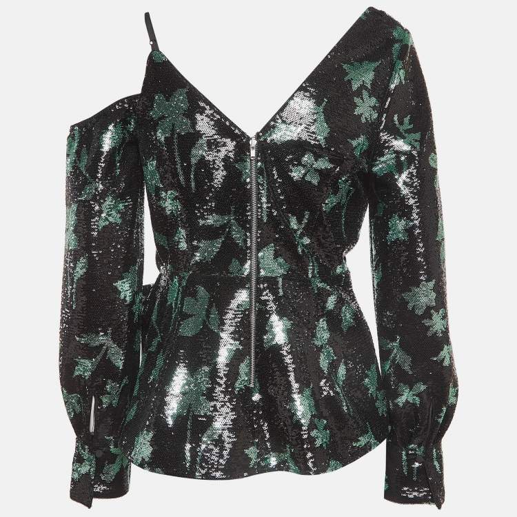Pre Owned Self-Portrait Black Leaf Sequined Asymmetrical Top M