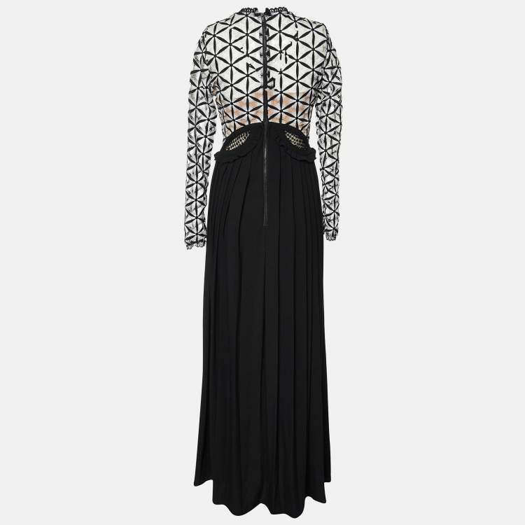 Pre Owned Self-Portrait Black Guipure Lace & Crepe Pleated Long Dress S