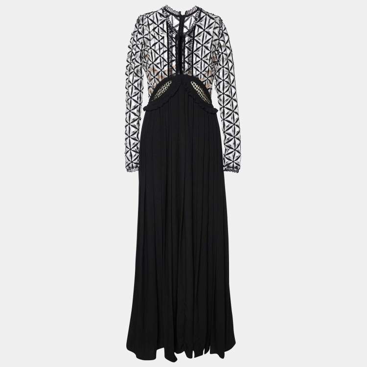 Pre Owned Self-Portrait Black Guipure Lace & Crepe Pleated Long Dress S