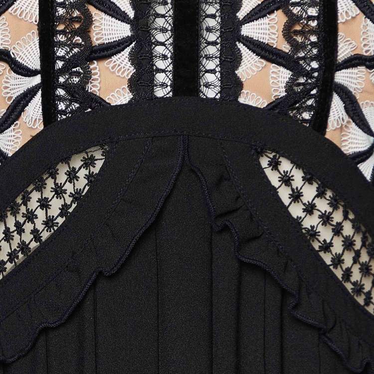 Pre Owned Self-Portrait Black Guipure Lace & Crepe Pleated Long Dress S