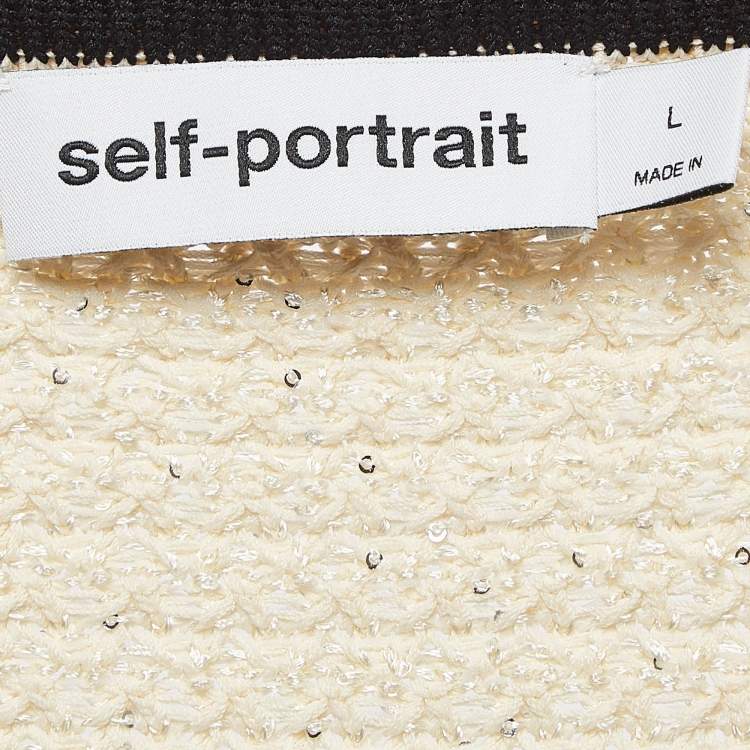 Pre Owned Self-Portrait Cream Sequin Knit Skirt and Cardigan Set L