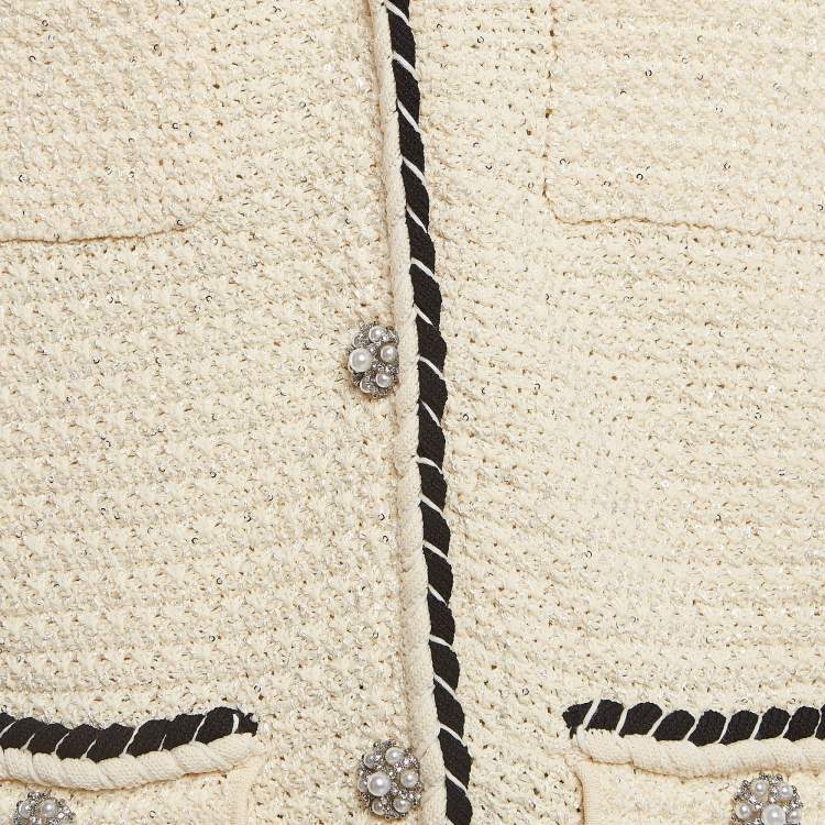 Pre Owned Self-Portrait Cream Sequin Knit Skirt and Cardigan Set L