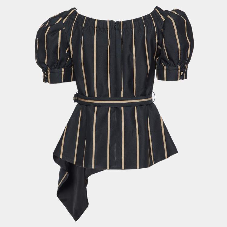Pre Owned Self-Portrait Black Striped Faille Belted Off-The Shoulder Top M