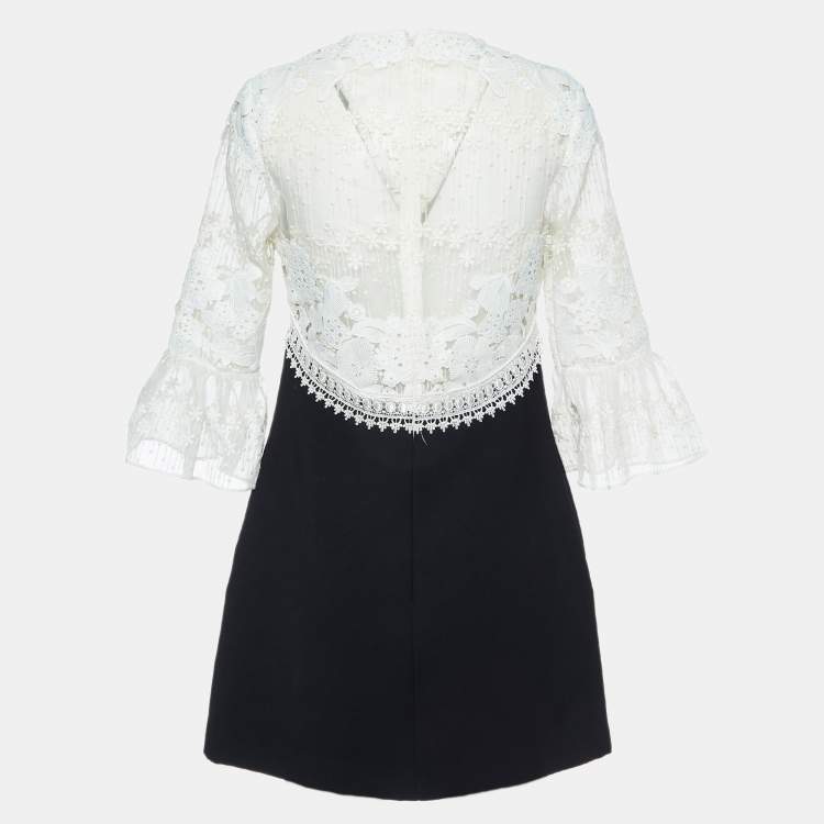 Pre Owned Self-Portrait White Embroidered Lace & Crepe Mini Dress M