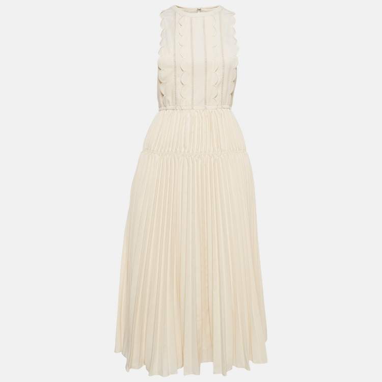 Pre Owned Self-Portrait Cream Crepe Scallop Sleeveless Midi Dress S