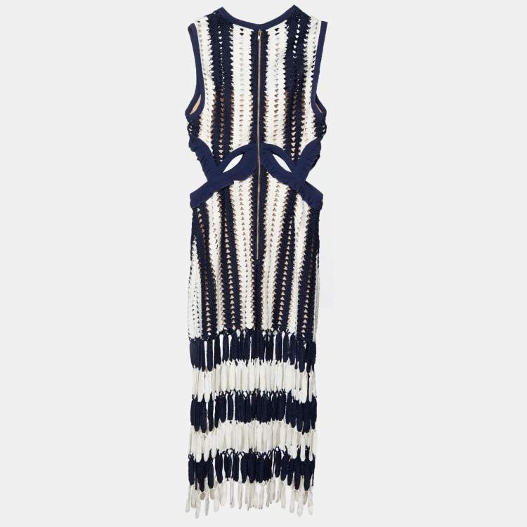Pre Owned Self-Portrait Navy Blue Striped Crochet Knit Midi Dress M