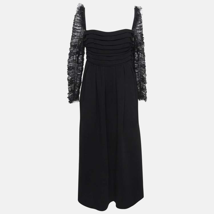 Pre Owned Self-Portrait Black Dots Mesh Sleeved Crepe Midi Dress L