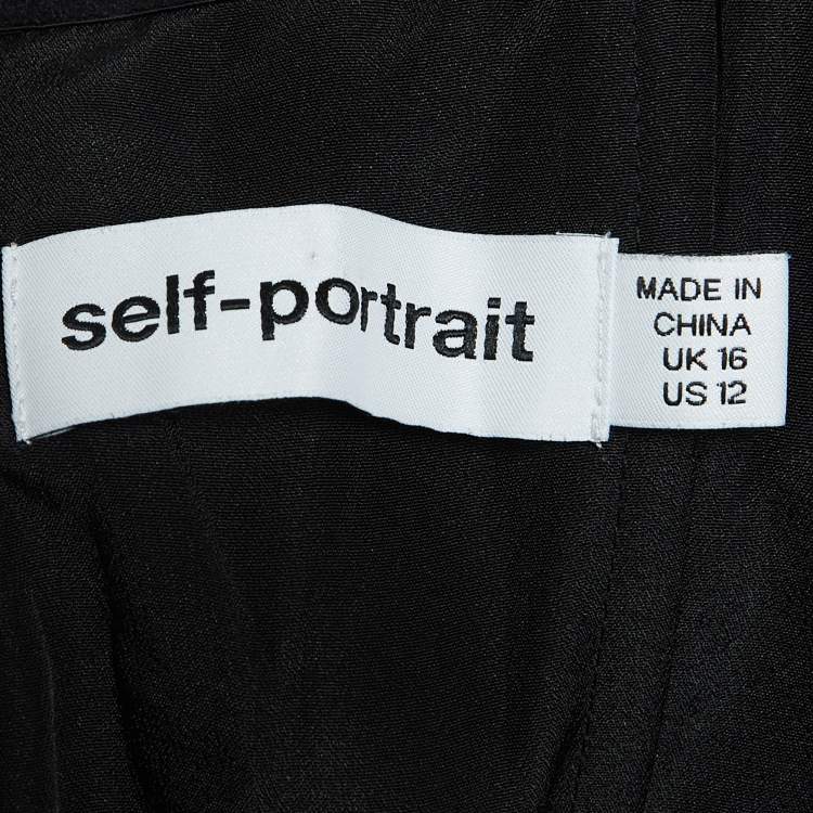 Pre Owned Self-Portrait Black Dots Mesh Sleeved Crepe Midi Dress L
