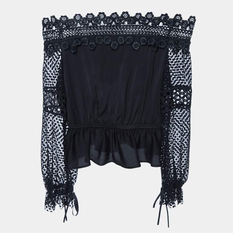 Pre Owned Self-Portrait Black Crepe & Lace Off-Shoulder Top S