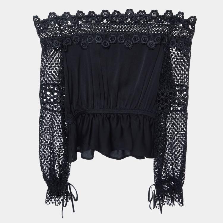 Pre Owned Self-Portrait Black Crepe & Lace Off-Shoulder Top S