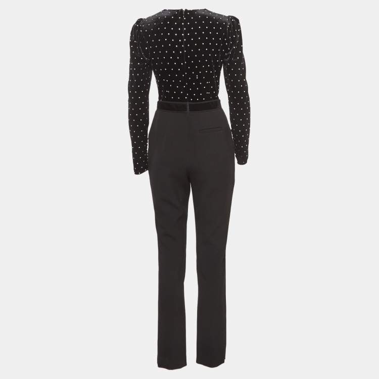 Pre Owned Self-Portrait Black Lace Trim Velvet Diamanté Jumpsuit S